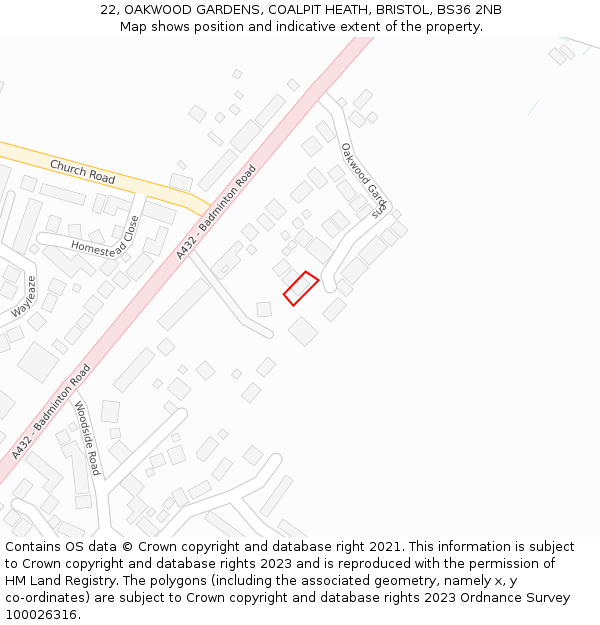 22, OAKWOOD GARDENS, COALPIT HEATH, BRISTOL, BS36 2NB: Location map and indicative extent of plot