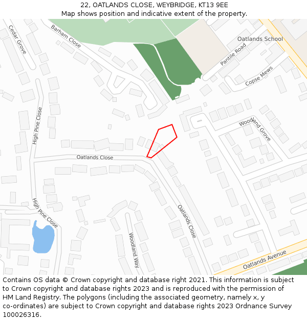 22, OATLANDS CLOSE, WEYBRIDGE, KT13 9EE: Location map and indicative extent of plot