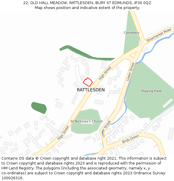 22, OLD HALL MEADOW, RATTLESDEN, BURY ST EDMUNDS, IP30 0QZ: Location map and indicative extent of plot