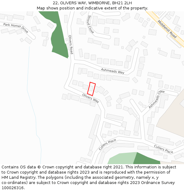 22, OLIVERS WAY, WIMBORNE, BH21 2LH: Location map and indicative extent of plot