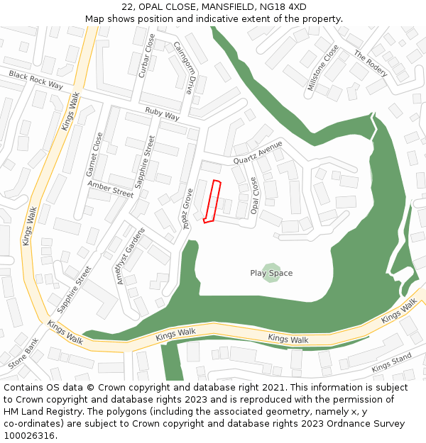 22, OPAL CLOSE, MANSFIELD, NG18 4XD: Location map and indicative extent of plot