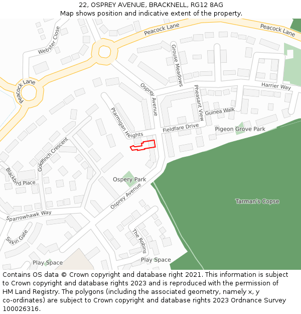 22, OSPREY AVENUE, BRACKNELL, RG12 8AG: Location map and indicative extent of plot