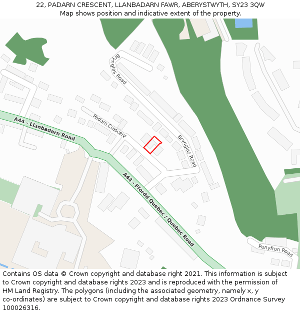 22, PADARN CRESCENT, LLANBADARN FAWR, ABERYSTWYTH, SY23 3QW: Location map and indicative extent of plot