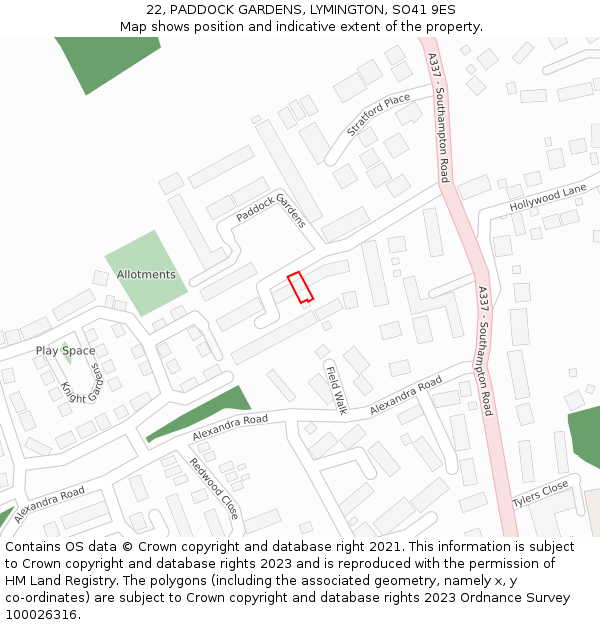 22, PADDOCK GARDENS, LYMINGTON, SO41 9ES: Location map and indicative extent of plot