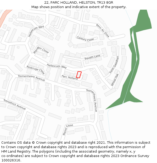 22, PARC HOLLAND, HELSTON, TR13 8GR: Location map and indicative extent of plot