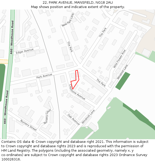 22, PARK AVENUE, MANSFIELD, NG18 2AU: Location map and indicative extent of plot