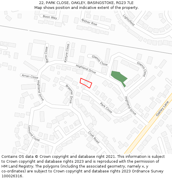 22, PARK CLOSE, OAKLEY, BASINGSTOKE, RG23 7LE: Location map and indicative extent of plot