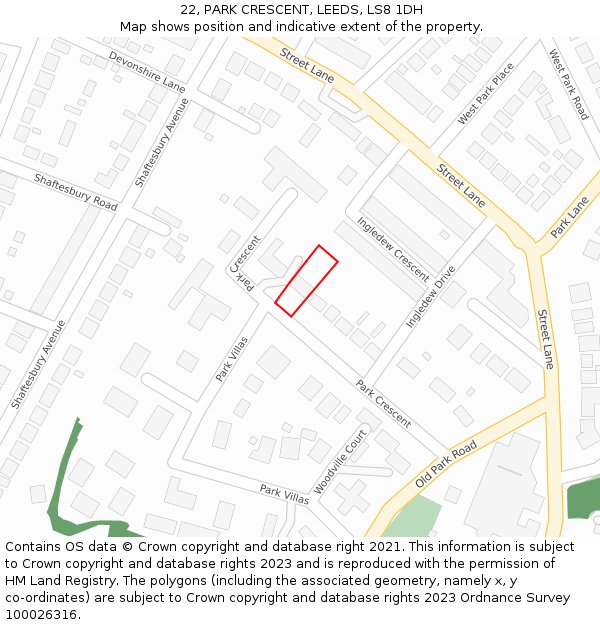 22, PARK CRESCENT, LEEDS, LS8 1DH: Location map and indicative extent of plot