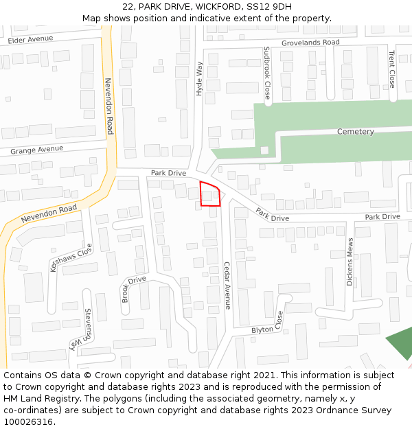 22, PARK DRIVE, WICKFORD, SS12 9DH: Location map and indicative extent of plot