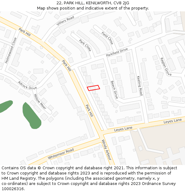 22, PARK HILL, KENILWORTH, CV8 2JG: Location map and indicative extent of plot