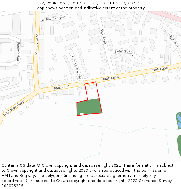 22, PARK LANE, EARLS COLNE, COLCHESTER, CO6 2RJ: Location map and indicative extent of plot