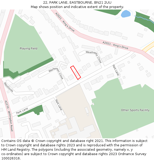 22, PARK LANE, EASTBOURNE, BN21 2UU: Location map and indicative extent of plot
