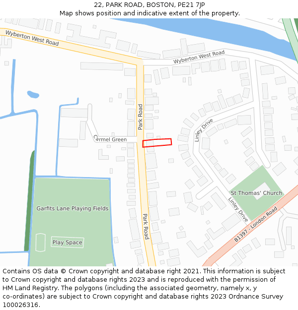 22, PARK ROAD, BOSTON, PE21 7JP: Location map and indicative extent of plot