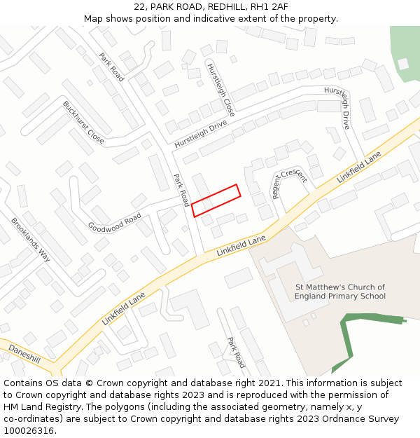 22, PARK ROAD, REDHILL, RH1 2AF: Location map and indicative extent of plot