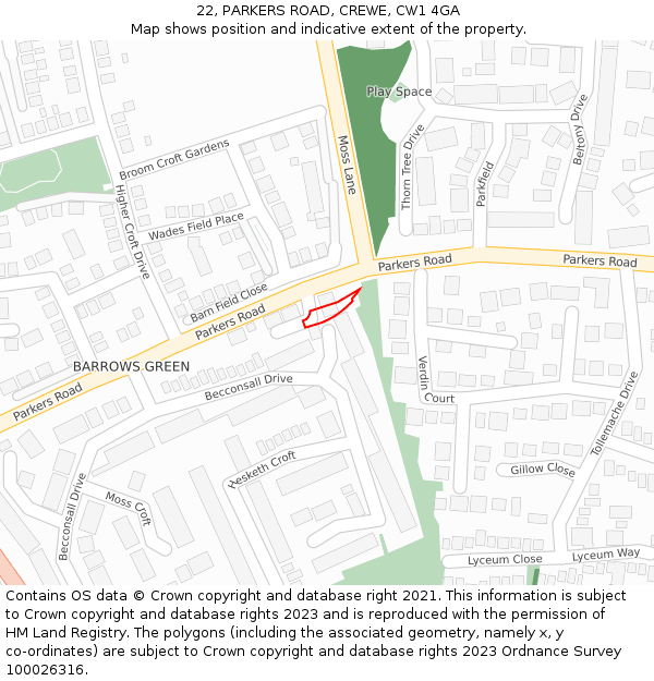 22, PARKERS ROAD, CREWE, CW1 4GA: Location map and indicative extent of plot