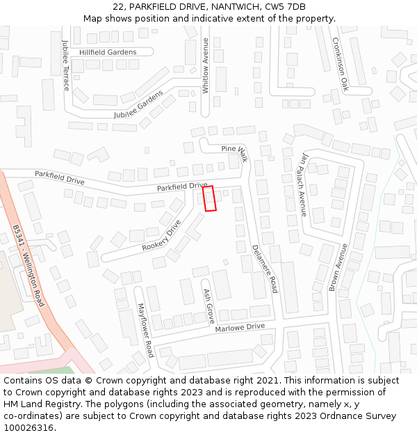 22, PARKFIELD DRIVE, NANTWICH, CW5 7DB: Location map and indicative extent of plot