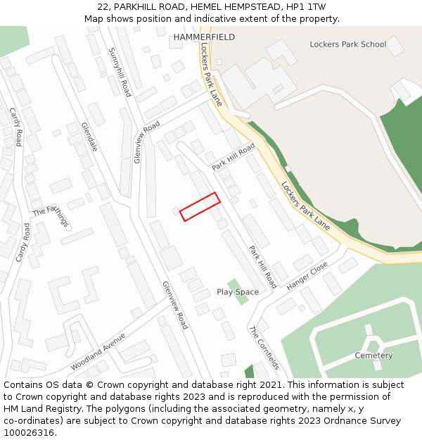 22, PARKHILL ROAD, HEMEL HEMPSTEAD, HP1 1TW: Location map and indicative extent of plot