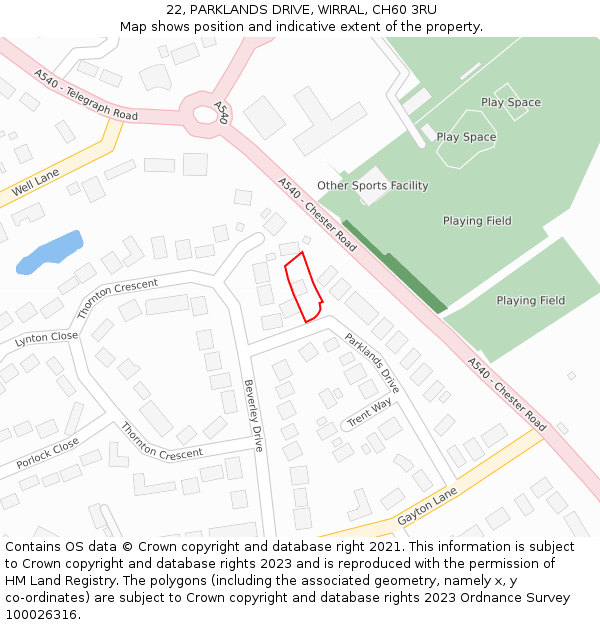 22, PARKLANDS DRIVE, WIRRAL, CH60 3RU: Location map and indicative extent of plot