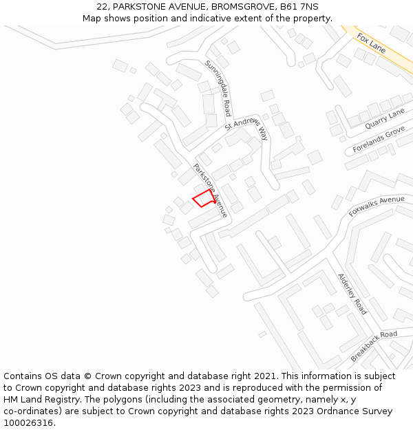 22, PARKSTONE AVENUE, BROMSGROVE, B61 7NS: Location map and indicative extent of plot