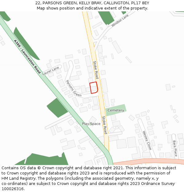 22, PARSONS GREEN, KELLY BRAY, CALLINGTON, PL17 8EY: Location map and indicative extent of plot