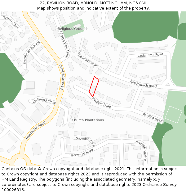 22, PAVILION ROAD, ARNOLD, NOTTINGHAM, NG5 8NL: Location map and indicative extent of plot