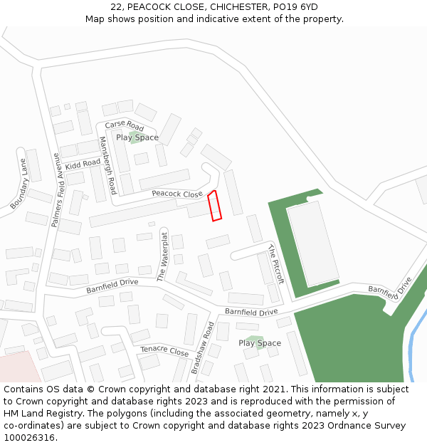 22, PEACOCK CLOSE, CHICHESTER, PO19 6YD: Location map and indicative extent of plot