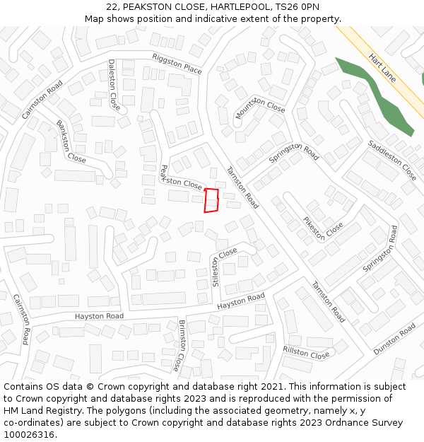 22, PEAKSTON CLOSE, HARTLEPOOL, TS26 0PN: Location map and indicative extent of plot