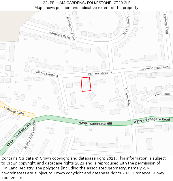 22, PELHAM GARDENS, FOLKESTONE, CT20 2LE: Location map and indicative extent of plot