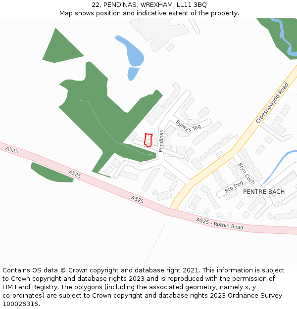 22, PENDINAS, WREXHAM, LL11 3BQ: Location map and indicative extent of plot