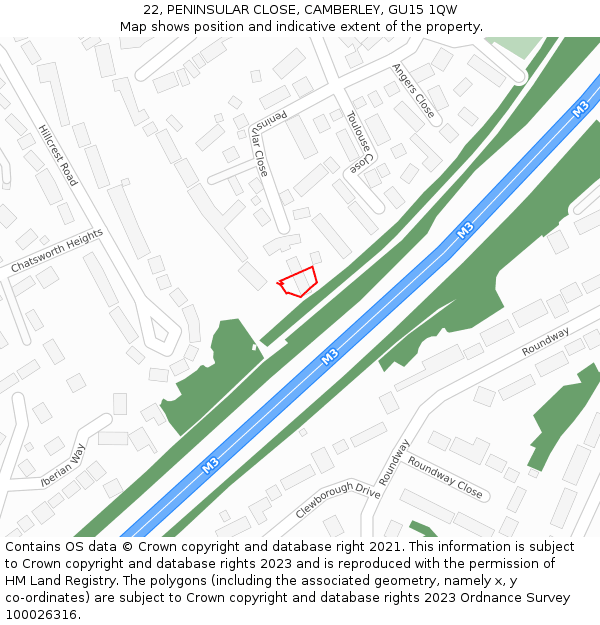 22, PENINSULAR CLOSE, CAMBERLEY, GU15 1QW: Location map and indicative extent of plot