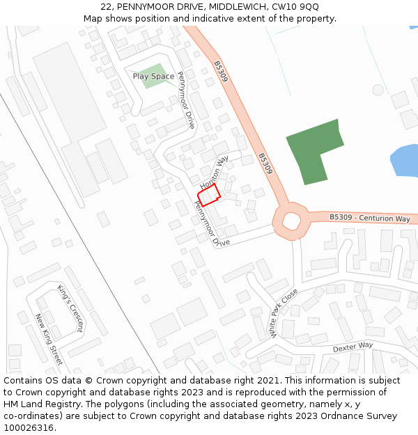 22, PENNYMOOR DRIVE, MIDDLEWICH, CW10 9QQ: Location map and indicative extent of plot