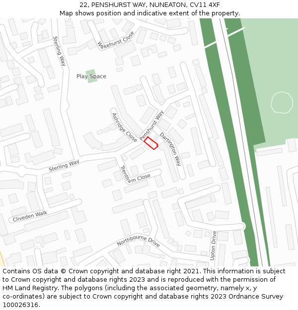 22, PENSHURST WAY, NUNEATON, CV11 4XF: Location map and indicative extent of plot