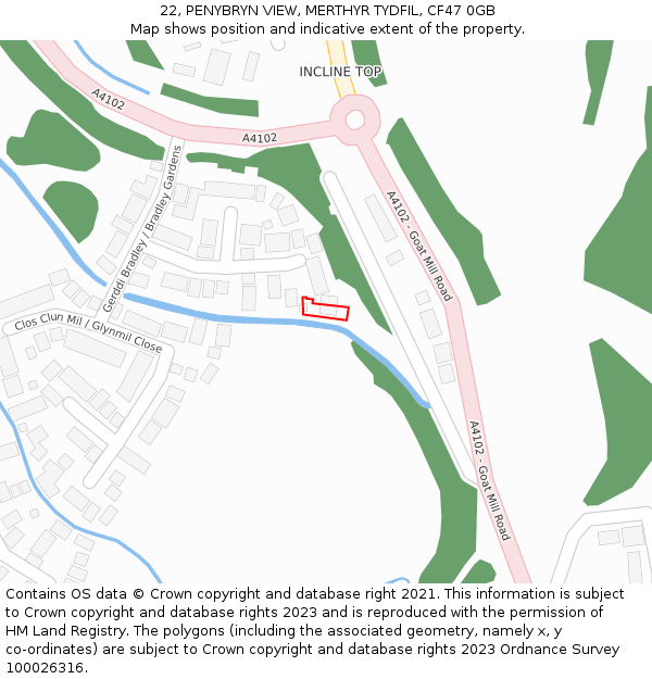 22, PENYBRYN VIEW, MERTHYR TYDFIL, CF47 0GB: Location map and indicative extent of plot