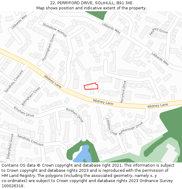 22, PERRYFORD DRIVE, SOLIHULL, B91 3XE: Location map and indicative extent of plot