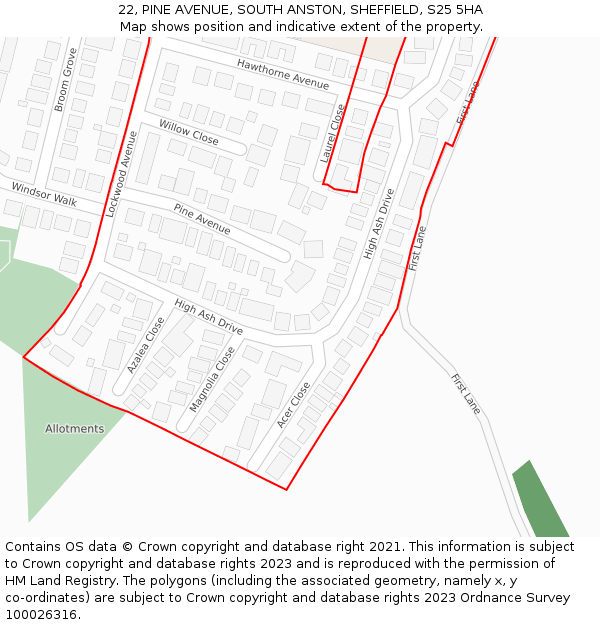 22, PINE AVENUE, SOUTH ANSTON, SHEFFIELD, S25 5HA: Location map and indicative extent of plot