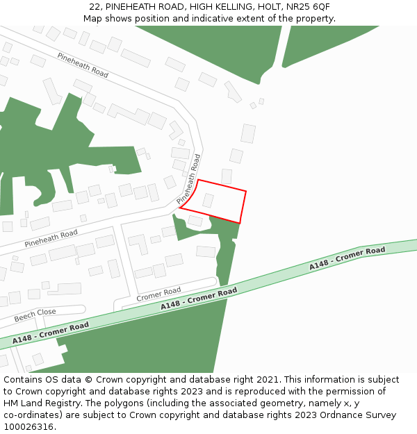 22, PINEHEATH ROAD, HIGH KELLING, HOLT, NR25 6QF: Location map and indicative extent of plot