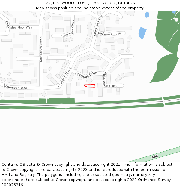 22, PINEWOOD CLOSE, DARLINGTON, DL1 4US: Location map and indicative extent of plot