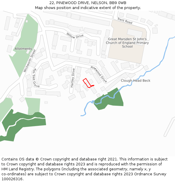 22, PINEWOOD DRIVE, NELSON, BB9 0WB: Location map and indicative extent of plot