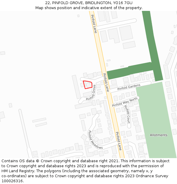 22, PINFOLD GROVE, BRIDLINGTON, YO16 7GU: Location map and indicative extent of plot