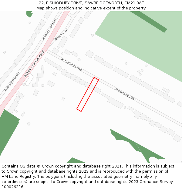 22, PISHIOBURY DRIVE, SAWBRIDGEWORTH, CM21 0AE: Location map and indicative extent of plot