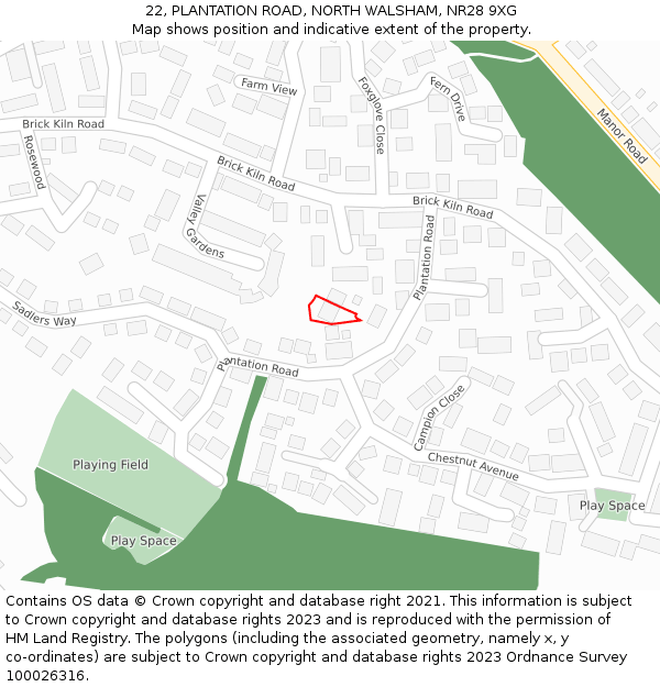 22, PLANTATION ROAD, NORTH WALSHAM, NR28 9XG: Location map and indicative extent of plot