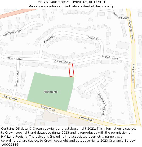 22, POLLARDS DRIVE, HORSHAM, RH13 5HH: Location map and indicative extent of plot
