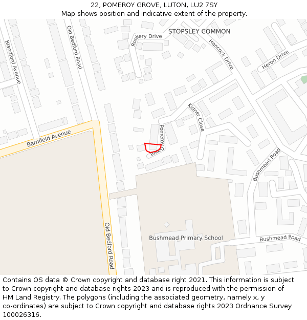 22, POMEROY GROVE, LUTON, LU2 7SY: Location map and indicative extent of plot