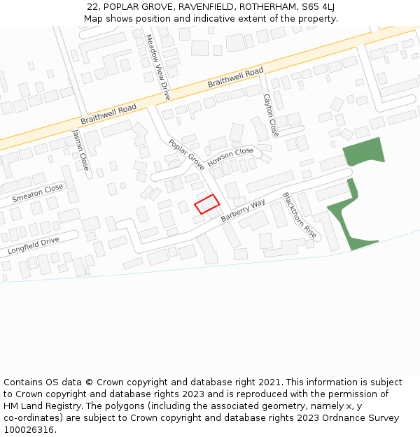 22, POPLAR GROVE, RAVENFIELD, ROTHERHAM, S65 4LJ: Location map and indicative extent of plot