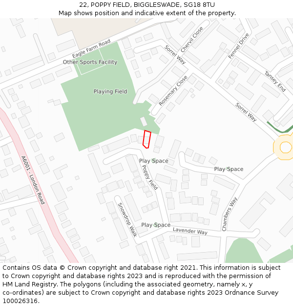 22, POPPY FIELD, BIGGLESWADE, SG18 8TU: Location map and indicative extent of plot