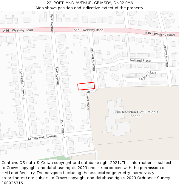 22, PORTLAND AVENUE, GRIMSBY, DN32 0AA: Location map and indicative extent of plot