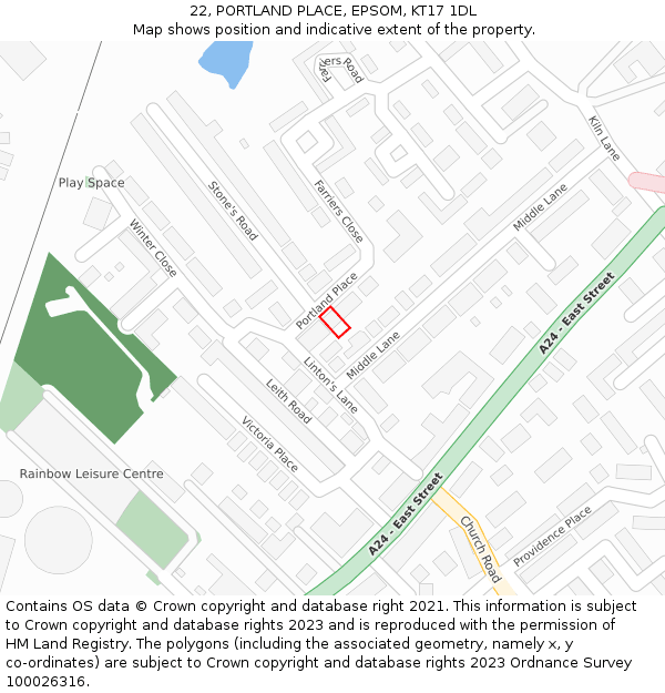 22, PORTLAND PLACE, EPSOM, KT17 1DL: Location map and indicative extent of plot