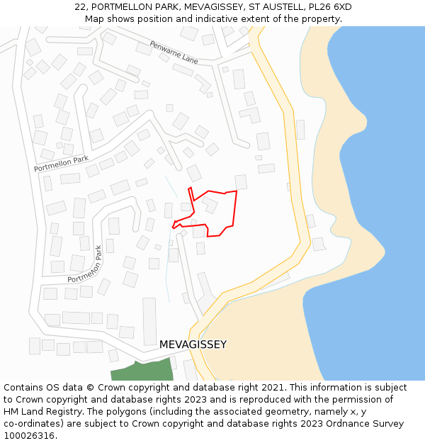 22, PORTMELLON PARK, MEVAGISSEY, ST AUSTELL, PL26 6XD: Location map and indicative extent of plot