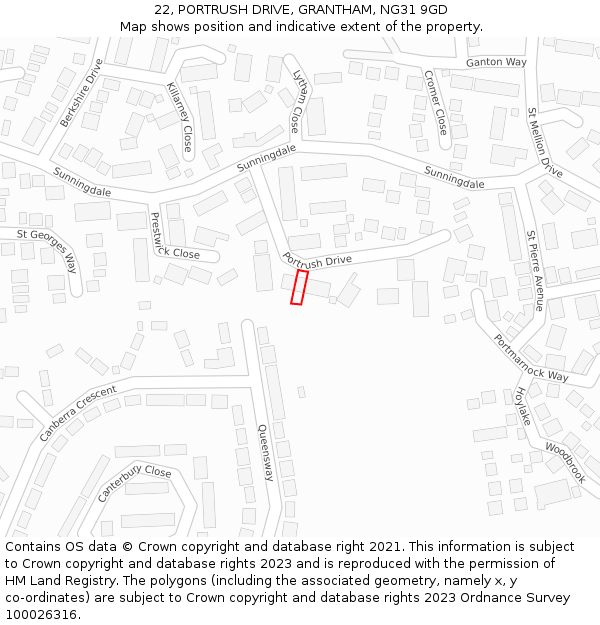 22, PORTRUSH DRIVE, GRANTHAM, NG31 9GD: Location map and indicative extent of plot