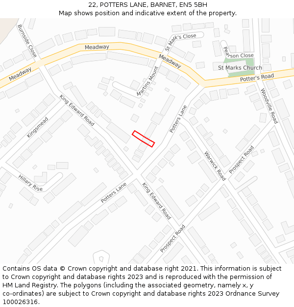 22, POTTERS LANE, BARNET, EN5 5BH: Location map and indicative extent of plot